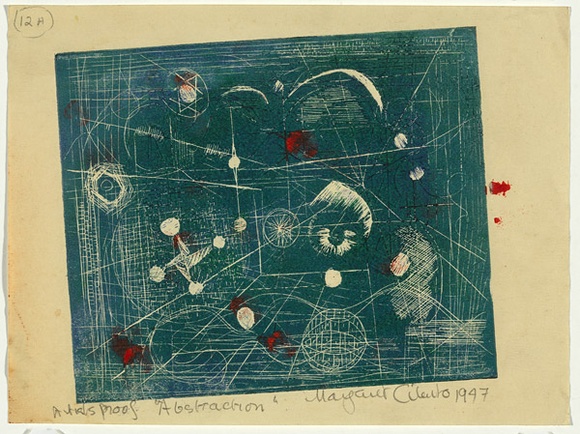 Artist: b'Cilento, Margaret.' | Title: b'Abstraction.' | Date: 1947 | Technique: b'relief-etching, printed in green ink with hand colouring from one plates,' Artist: b'Cilento, Margaret.' | Title: b'Abstraction.' | Date: 1947 | Technique: b'relief-etching, printed in green ink with hand colouring from one plates,'