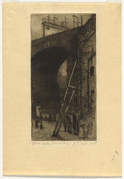 Artist: b'Traill, Jessie.' | Title: b'Down under, Newcastle' | Date: 1938 | Technique: b'etching and aquatint, printed in black ink with plate-tone, from one plate' Artist: b'Traill, Jessie.' | Title: b'Down under, Newcastle' | Date: 1938 | Technique: b'etching and aquatint, printed in black ink with plate-tone, from one plate'