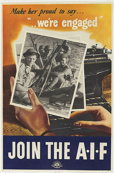 Artist: b'UNKNOWN' | Title: b'Make her proud to say ..we\'re engaged. Join the A.I.F.' | Date: c.1942 | Technique: b'photo-lithograph, printed in colour, from multiple plates' Artist: b'UNKNOWN' | Title: b'Make her proud to say ..we\'re engaged. Join the A.I.F.' | Date: c.1942 | Technique: b'photo-lithograph, printed in colour, from multiple plates'