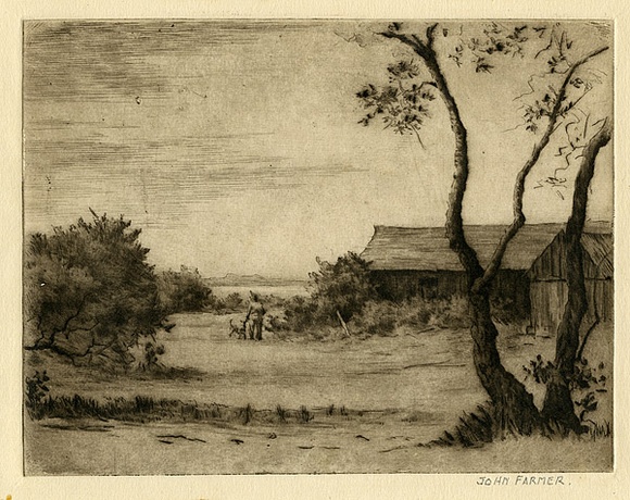 Artist: b'Farmer, John.' | Title: bFisherman's hut. | Date: c.1960 | Technique: b'drypoint, printed in brown ink with plate-tone, from one plate' Artist: b'Farmer, John.' | Title: bFisherman's hut. | Date: c.1960 | Technique: b'drypoint, printed in brown ink with plate-tone, from one plate'