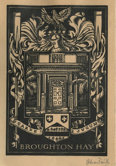Artist: b'FEINT, Adrian' | Title: b'Bookplate: Broughton Hay.' | Date: (1938) | Technique: b'wood-engraving, printed in black ink, from one block' | Copyright: b'Courtesy the Estate of Adrian Feint' Artist: b'FEINT, Adrian' | Title: b'Bookplate: Broughton Hay.' | Date: (1938) | Technique: b'wood-engraving, printed in black ink, from one block' | Copyright: b'Courtesy the Estate of Adrian Feint'