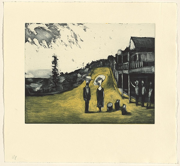 Artist: b'Shead, Garry.' | Title: b'Thirroul' | Date: 1994-95 | Technique: b'etching and aquatint, printed in blue-black and yellow inks, from two plates' | Copyright: b'\xc2\xa9 Garry Shead' Artist: b'Shead, Garry.' | Title: b'Thirroul' | Date: 1994-95 | Technique: b'etching and aquatint, printed in blue-black and yellow inks, from two plates' | Copyright: b'\xc2\xa9 Garry Shead'