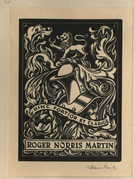 Artist: b'FEINT, Adrian' | Title: b'Bookplate: Roger Norris Martin.' | Date: (1935) | Technique: b'wood-engraving, printed in black ink, from one block' | Copyright: b'Courtesy the Estate of Adrian Feint' Artist: b'FEINT, Adrian' | Title: b'Bookplate: Roger Norris Martin.' | Date: (1935) | Technique: b'wood-engraving, printed in black ink, from one block' | Copyright: b'Courtesy the Estate of Adrian Feint'