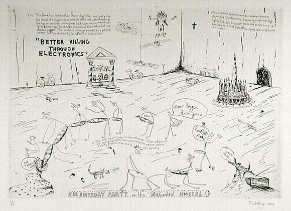 Artist: b'COLEING, Tony' | Title: b'The Birthday party or the misguided miussel.' | Date: 1983 | Technique: b'etching, printed in black ink, from one plate' Artist: b'COLEING, Tony' | Title: b'The Birthday party or the misguided miussel.' | Date: 1983 | Technique: b'etching, printed in black ink, from one plate'