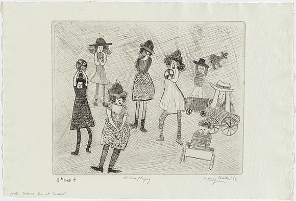Artist: b'WALKER, Murray' | Title: b'Yvette, Sabrina and Ben at Kallista.' | Date: 1966 | Technique: b'etching, printed in black ink, from one plate' Artist: b'WALKER, Murray' | Title: b'Yvette, Sabrina and Ben at Kallista.' | Date: 1966 | Technique: b'etching, printed in black ink, from one plate'