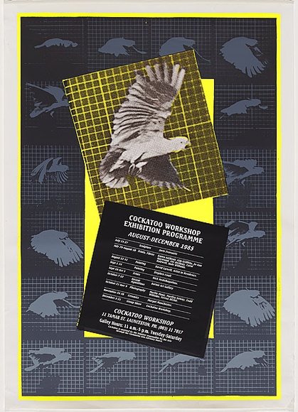Artist: b'ARNOLD, Raymond' | Title: b'Cockatoo Workshop exhibition programme - August - December 1985.' | Date: 1985 | Technique: b'screenprint, printed in colour, from five stencils' Artist: b'ARNOLD, Raymond' | Title: b'Cockatoo Workshop exhibition programme - August - December 1985.' | Date: 1985 | Technique: b'screenprint, printed in colour, from five stencils'
