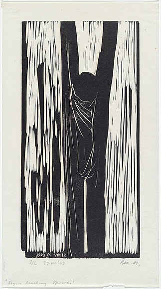 Artist: b'MADDOCK, Bea' | Title: b'Figure reaching upwards' | Date: 27 August 1963 | Technique: b'woodcut, printed in black ink by hand-burnishing, from one plywood block' Artist: b'MADDOCK, Bea' | Title: b'Figure reaching upwards' | Date: 27 August 1963 | Technique: b'woodcut, printed in black ink by hand-burnishing, from one plywood block'