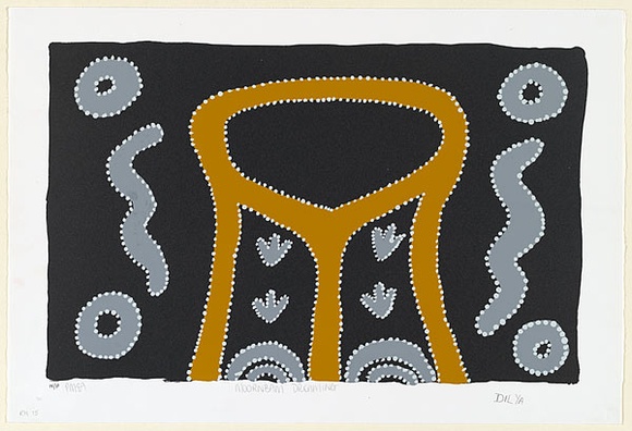 Artist: b'RED HAND PRINT' | Title: b'Moornbam dreaming' | Date: 1997, 4 August | Technique: b'screenprint, printed in colour, from multiple stencils' Artist: b'RED HAND PRINT' | Title: b'Moornbam dreaming' | Date: 1997, 4 August | Technique: b'screenprint, printed in colour, from multiple stencils'