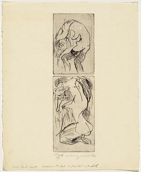 Artist: b'WALKER, Murray' | Title: b'Vigorous model and painter and model' | Date: 1966 | Technique: b'drypoint, printed in black ink, from two plates'
