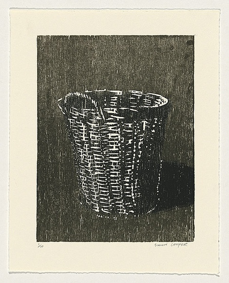 Artist: b'Cooper, Simon.' | Title: b'Still life (vessel of integrity)' | Date: 1999, November | Technique: b'woodcut, printed in brown and black ink, from two blocks' Artist: b'Cooper, Simon.' | Title: b'Still life (vessel of integrity)' | Date: 1999, November | Technique: b'woodcut, printed in brown and black ink, from two blocks'