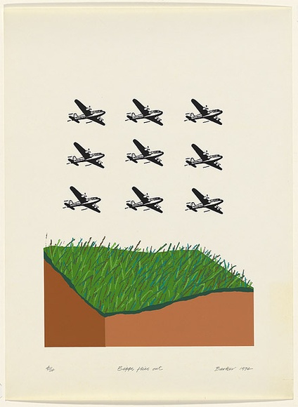 Artist: Barker, George. | Title: Biggs flies out. | Date: 1974 | Technique: screenprint, printed in colour, from multiple stencils | Copyright: © George Barker