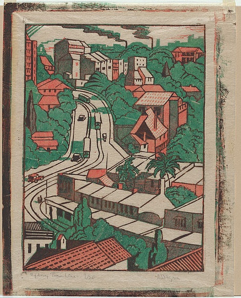 Artist: b'Syme, Eveline' | Title: b'Sydney tram line.' | Date: 1936 | Technique: b'linocut, printed in colour, from three blocks (vermillion, viridian, burnt umber)' Artist: b'Syme, Eveline' | Title: b'Sydney tram line.' | Date: 1936 | Technique: b'linocut, printed in colour, from three blocks (vermillion, viridian, burnt umber)'