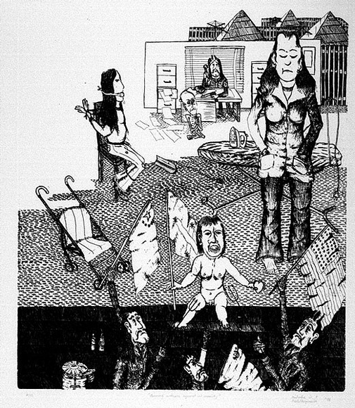 Artist: b'Nedelkopoulos, Nicholas.' | Title: b'Bearing witness against inhumanity' | Date: 1976 | Technique: b'etching, printed in black ink, from one plate' Artist: b'Nedelkopoulos, Nicholas.' | Title: b'Bearing witness against inhumanity' | Date: 1976 | Technique: b'etching, printed in black ink, from one plate'