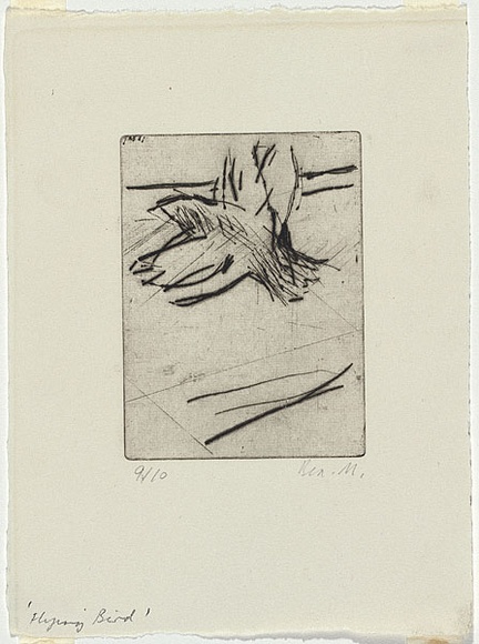 Artist: b'MADDOCK, Bea' | Title: b'Flying bird' | Date: (1964) | Technique: b'drypoint, printed in black ink with plate-tone, from one copper plate' Artist: b'MADDOCK, Bea' | Title: b'Flying bird' | Date: (1964) | Technique: b'drypoint, printed in black ink with plate-tone, from one copper plate'