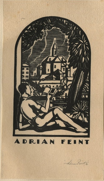 Artist: b'FEINT, Adrian' | Title: b'Bookplate: Adrian Feint.' | Date: (1930) | Technique: b'wood-engraving, printed in black ink, from one block' | Copyright: b'Courtesy the Estate of Adrian Feint' Artist: b'FEINT, Adrian' | Title: b'Bookplate: Adrian Feint.' | Date: (1930) | Technique: b'wood-engraving, printed in black ink, from one block' | Copyright: b'Courtesy the Estate of Adrian Feint'