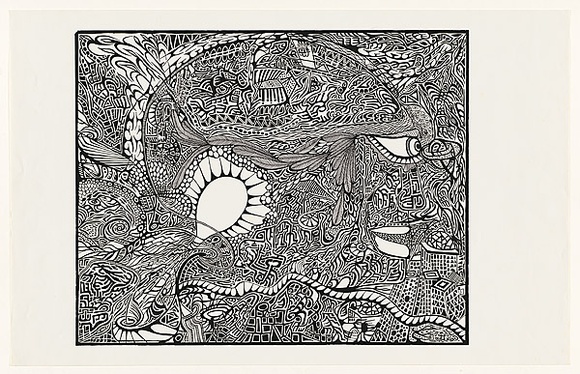 Artist: b'Dickson, Jim.' | Title: b'not titled [black and white surreal composition, floating light-bulb and eye in centre].' | Date: 1970-1990 | Technique: b'screenprint, printed in black ink, from one stencil'