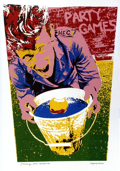 Artist: b'Megalo/Acme Inc.' | Title: b'Greetings from Canberra' | Date: 1983 | Technique: b'screenprint, printed in colour, from multiple stencils' Artist: b'Megalo/Acme Inc.' | Title: b'Greetings from Canberra' | Date: 1983 | Technique: b'screenprint, printed in colour, from multiple stencils'