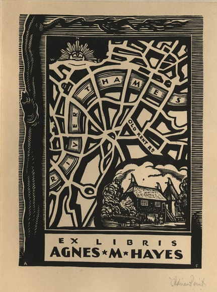 Artist: b'FEINT, Adrian' | Title: b'Bookplate: Agnes M. Hayes.' | Date: (1936) | Technique: b'wood-engraving, printed in black ink, from one block' | Copyright: b'Courtesy the Estate of Adrian Feint' Artist: b'FEINT, Adrian' | Title: b'Bookplate: Agnes M. Hayes.' | Date: (1936) | Technique: b'wood-engraving, printed in black ink, from one block' | Copyright: b'Courtesy the Estate of Adrian Feint'