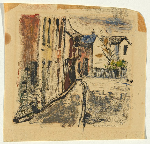 Artist: b'Lawrence, George.' | Title: b'Street scene' | Date: 1950s | Technique: b'monotype, printed in colour, from one plate' Artist: b'Lawrence, George.' | Title: b'Street scene' | Date: 1950s | Technique: b'monotype, printed in colour, from one plate'