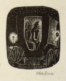 Artist: b'OGILVIE, Helen' | Title: b'not titled [Two women in horse drawn cab at night - a wood engraving used for an illustration on Page 21 of Flinders lane, Re' | Date: (1947) | Technique: b'wood-engraving, printed in black ink, from one block'