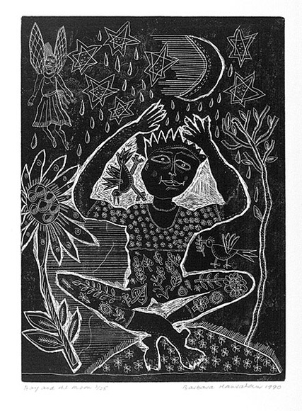 Artist: b'HANRAHAN, Barbara' | Title: b'Boy and the moon' | Date: 1990 | Technique: b'relief-etching, printed in black ink, from one plate' Artist: b'HANRAHAN, Barbara' | Title: b'Boy and the moon' | Date: 1990 | Technique: b'relief-etching, printed in black ink, from one plate'