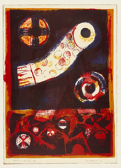 Artist: b'French, Len.' | Title: b'Fish over a landscape.' | Date: 1963 | Technique: b'lithograph, printed in colour, from three zinc plates' | Copyright: b'\xc2\xa9 Leonard French. Licensed by VISCOPY, Australia' Artist: b'French, Len.' | Title: b'Fish over a landscape.' | Date: 1963 | Technique: b'lithograph, printed in colour, from three zinc plates' | Copyright: b'\xc2\xa9 Leonard French. Licensed by VISCOPY, Australia'