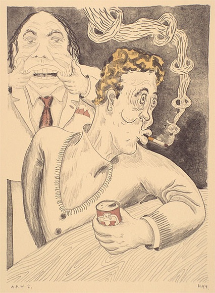 Artist: b'Hay, Bill.' | Title: b'Murray and Loob play up at the Shaker' | Date: 1989, June - August | Technique: b'lithograph, printed in black ink, from one stone; hand-coloured' Artist: b'Hay, Bill.' | Title: b'Murray and Loob play up at the Shaker' | Date: 1989, June - August | Technique: b'lithograph, printed in black ink, from one stone; hand-coloured'