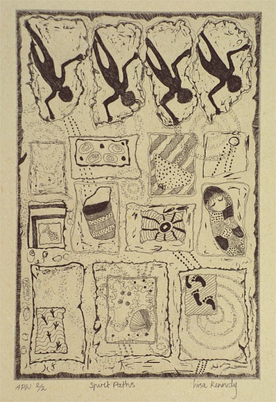 Artist: b'Kennedy, Lisa.' | Title: b'Spirit paths' | Date: 2000, November | Technique: b'etching, printed in black ink, from one plate' Artist: b'Kennedy, Lisa.' | Title: b'Spirit paths' | Date: 2000, November | Technique: b'etching, printed in black ink, from one plate'