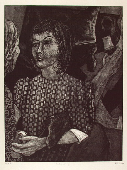 Artist: b'Edwards, Annette.' | Title: bPunch's opening | Date: 1983 | Technique: b'etching and aquatint, printed in black ink with plate-tone, from one plate' Artist: b'Edwards, Annette.' | Title: bPunch's opening | Date: 1983 | Technique: b'etching and aquatint, printed in black ink with plate-tone, from one plate'