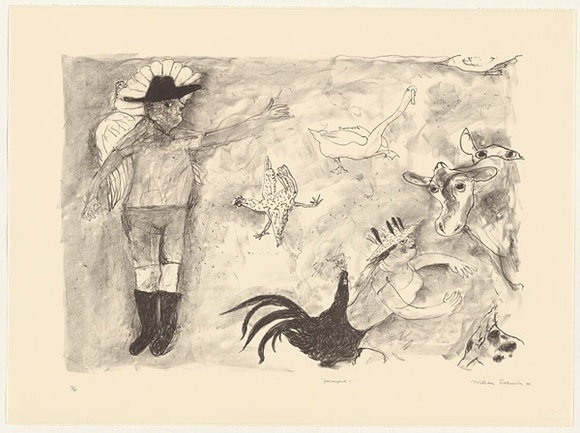 Artist: b'Robinson, William.' | Title: b'Farmyard I' | Date: 1990 | Technique: b'lithograph, printed in colour, from mtultiple plates' Artist: b'Robinson, William.' | Title: b'Farmyard I' | Date: 1990 | Technique: b'lithograph, printed in colour, from mtultiple plates'