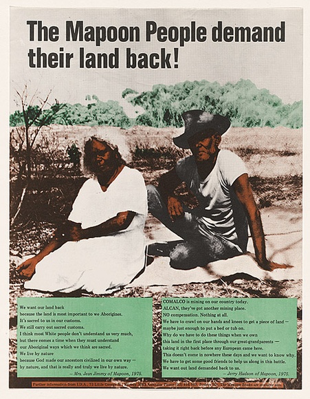 Artist: b'Bolzan, Rick.' | Title: b'The Mapoon people demand their land back!.' | Date: 1975 | Technique: b'offset-lithograph, printed in colour, from multiple plates' Artist: b'Bolzan, Rick.' | Title: b'The Mapoon people demand their land back!.' | Date: 1975 | Technique: b'offset-lithograph, printed in colour, from multiple plates'