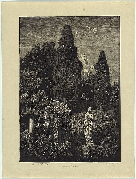 Artist: b'LINDSAY, Lionel' | Title: b'Romantic garden' | Date: 1922 | Technique: b'wood-engraving, printed in black ink, from one block' | Copyright: b'Courtesy of the National Library of Australia' Artist: b'LINDSAY, Lionel' | Title: b'Romantic garden' | Date: 1922 | Technique: b'wood-engraving, printed in black ink, from one block' | Copyright: b'Courtesy of the National Library of Australia'