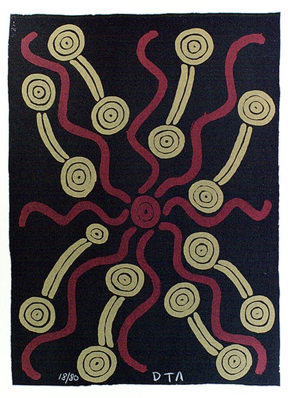 Artist: b'Tjungarrayi, Paddy Carroll.' | Title: b'Sweet potato dreaming' | Date: 1987 | Technique: b'screenprint, printed in colour, from multiple stencils' Artist: b'Tjungarrayi, Paddy Carroll.' | Title: b'Sweet potato dreaming' | Date: 1987 | Technique: b'screenprint, printed in colour, from multiple stencils'