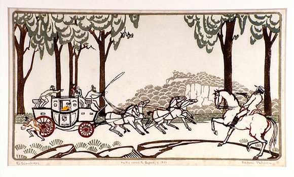 Artist: b'Palmer, Ethleen.' | Title: b'On the road to Sydney c.1850.' | Date: 1937 | Technique: b'linocut, printed in colour, from multiple blocks' Artist: b'Palmer, Ethleen.' | Title: b'On the road to Sydney c.1850.' | Date: 1937 | Technique: b'linocut, printed in colour, from multiple blocks'