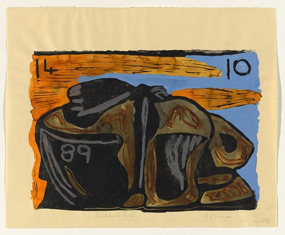 Artist: bL'Estrange, Sally. | Title: bThunderbolt's rock. | Date: 1989 | Technique: b'woodcut, printed in black ink, from one block; gouache and pastel additions' Artist: bL'Estrange, Sally. | Title: bThunderbolt's rock. | Date: 1989 | Technique: b'woodcut, printed in black ink, from one block; gouache and pastel additions'