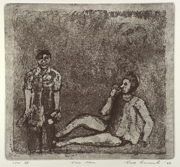 Artist: b'Anceschi, Eros.' | Title: b'Two men' | Date: 1988 | Technique: b'etching and aquatint, printed in black ink from copper plate' Artist: b'Anceschi, Eros.' | Title: b'Two men' | Date: 1988 | Technique: b'etching and aquatint, printed in black ink from copper plate'