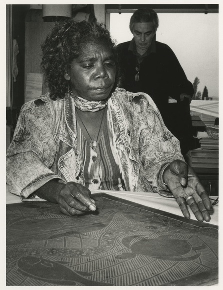 Artist: b'Heath, Gregory.' | Title: b'Banduk Marika, working on a linocut, Studio One, Canberra, 1986.' | Date: 1986 Artist: b'Heath, Gregory.' | Title: b'Banduk Marika, working on a linocut, Studio One, Canberra, 1986.' | Date: 1986