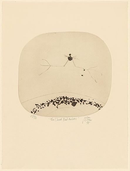Artist: b'Olsen, John.' | Title: b'The Christ bird arrives' | Date: 1975 | Technique: b'sugarlift etching, engraving and aquatint, printed in brown ink with plate-tone, from one zinc plate' | Copyright: b'\xc2\xa9 John Olsen. Licensed by VISCOPY, Australia' Artist: b'Olsen, John.' | Title: b'The Christ bird arrives' | Date: 1975 | Technique: b'sugarlift etching, engraving and aquatint, printed in brown ink with plate-tone, from one zinc plate' | Copyright: b'\xc2\xa9 John Olsen. Licensed by VISCOPY, Australia'