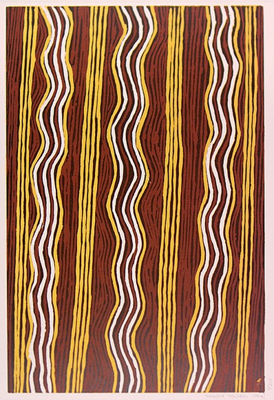 Artist: b'Tjupurrula, Turkey Tolsen' | Title: b'not titled' | Date: 1992 | Technique: b'linocut, printed in colour, from three blocks' Artist: b'Tjupurrula, Turkey Tolsen' | Title: b'not titled' | Date: 1992 | Technique: b'linocut, printed in colour, from three blocks'