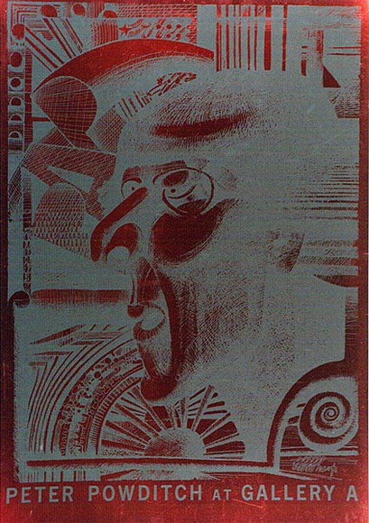 Artist: b'Sharp, Martin.' | Title: b'Peter Powditch at Gallery A.' | Date: c.1972 | Technique: b'screenprint, printed in colour, from one stencil' Artist: b'Sharp, Martin.' | Title: b'Peter Powditch at Gallery A.' | Date: c.1972 | Technique: b'screenprint, printed in colour, from one stencil'