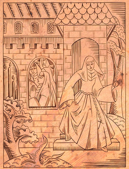 Artist: b'Rees, Ann Gillmore.' | Title: b'not titled [nun leaving convent]' | Date: c.1950 | Technique: b'engraved copper plate'