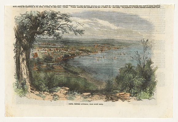 Title: b'Perth, Western Australia, from Mount Eliza' | Date: 1856 | Technique: b'wood-engraving, printed in black ink, from one block; hand-coloured' Title: b'Perth, Western Australia, from Mount Eliza' | Date: 1856 | Technique: b'wood-engraving, printed in black ink, from one block; hand-coloured'