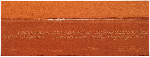 Artist: b'MADDOCK, Bea' | Title: b'Terra Spiritus...with a darker shade of pale' | Date: 1993-98 | Technique: b'stencil print, printed in hand-ground Launceston ochre from multiple hand-cut mylar stencils; letterpress text blind printed; hand-drawn script' Artist: b'MADDOCK, Bea' | Title: b'Terra Spiritus...with a darker shade of pale' | Date: 1993-98 | Technique: b'stencil print, printed in hand-ground Launceston ochre from multiple hand-cut mylar stencils; letterpress text blind printed; hand-drawn script'