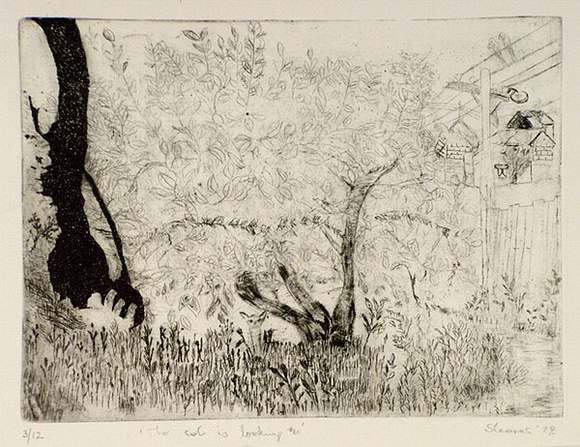 Artist: b'Shearer, Mitzi.' | Title: b'The cat is looking on' | Date: 1979 | Technique: b'etching, printed in black ink, from one plate' Artist: b'Shearer, Mitzi.' | Title: b'The cat is looking on' | Date: 1979 | Technique: b'etching, printed in black ink, from one plate'