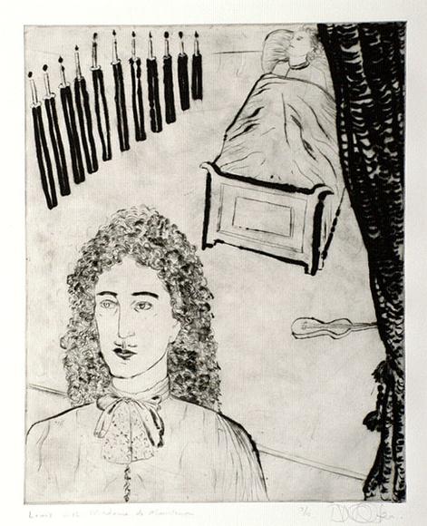 Artist: b'Walker, Deborah.' | Title: b'Louis with Madame de Maintenon' | Date: 1987 | Technique: b'drypoint, printed in black ink with plate-tone, from one plate' | Copyright: b'\xc2\xa9 Deborah Walker. Licensed by VISCOPY, Australia' Artist: b'Walker, Deborah.' | Title: b'Louis with Madame de Maintenon' | Date: 1987 | Technique: b'drypoint, printed in black ink with plate-tone, from one plate' | Copyright: b'\xc2\xa9 Deborah Walker. Licensed by VISCOPY, Australia'
