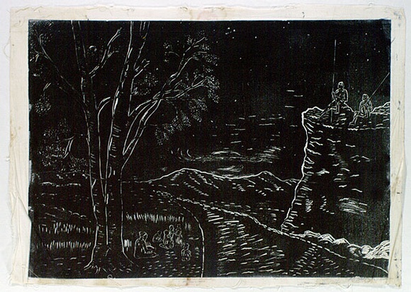 Artist: b'Gilbert, Kevin.' | Title: b'Christmas Eve in the land of the dispossessed' | Date: 1968 | Technique: b'linocut, printed in black ink, from one block' Artist: b'Gilbert, Kevin.' | Title: b'Christmas Eve in the land of the dispossessed' | Date: 1968 | Technique: b'linocut, printed in black ink, from one block'