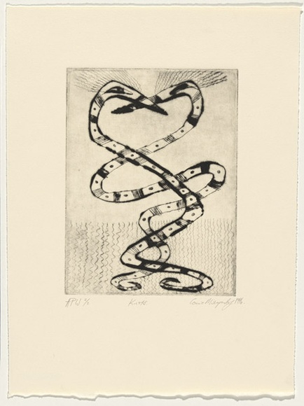 Artist: b'MITROPOULOS, Connie' | Title: b'Knots' | Date: 1996, July/August | Technique: b'drypoint, printed in black ink, from one plate' Artist: b'MITROPOULOS, Connie' | Title: b'Knots' | Date: 1996, July/August | Technique: b'drypoint, printed in black ink, from one plate'