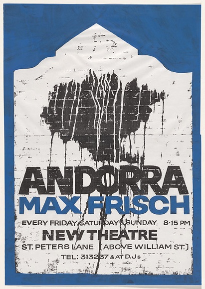 Artist: b'Shaw, Rod.' | Title: b'Andorra: Max Frisch ... New Theatre' | Date: 1965 | Technique: b'screenprint, printed in colour, from multiple stencils' Artist: b'Shaw, Rod.' | Title: b'Andorra: Max Frisch ... New Theatre' | Date: 1965 | Technique: b'screenprint, printed in colour, from multiple stencils'