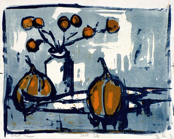 Artist: b'Grieve, Robert.' | Title: b'Still life' | Date: 1956 | Technique: b'lithograph, printed in colour, from three stones' Artist: b'Grieve, Robert.' | Title: b'Still life' | Date: 1956 | Technique: b'lithograph, printed in colour, from three stones'