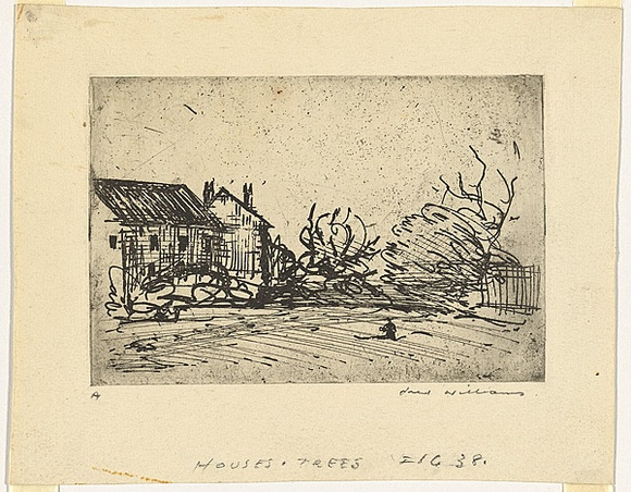 Artist: b'WILLIAMS, Fred' | Title: b'Houses and trees' | Date: 1954-55 | Technique: b'etching, aquatint and foul biting, printed in black ink with plate-tone, from one zinc plate' | Copyright: b'\xc2\xa9 Fred Williams Estate' Artist: b'WILLIAMS, Fred' | Title: b'Houses and trees' | Date: 1954-55 | Technique: b'etching, aquatint and foul biting, printed in black ink with plate-tone, from one zinc plate' | Copyright: b'\xc2\xa9 Fred Williams Estate'